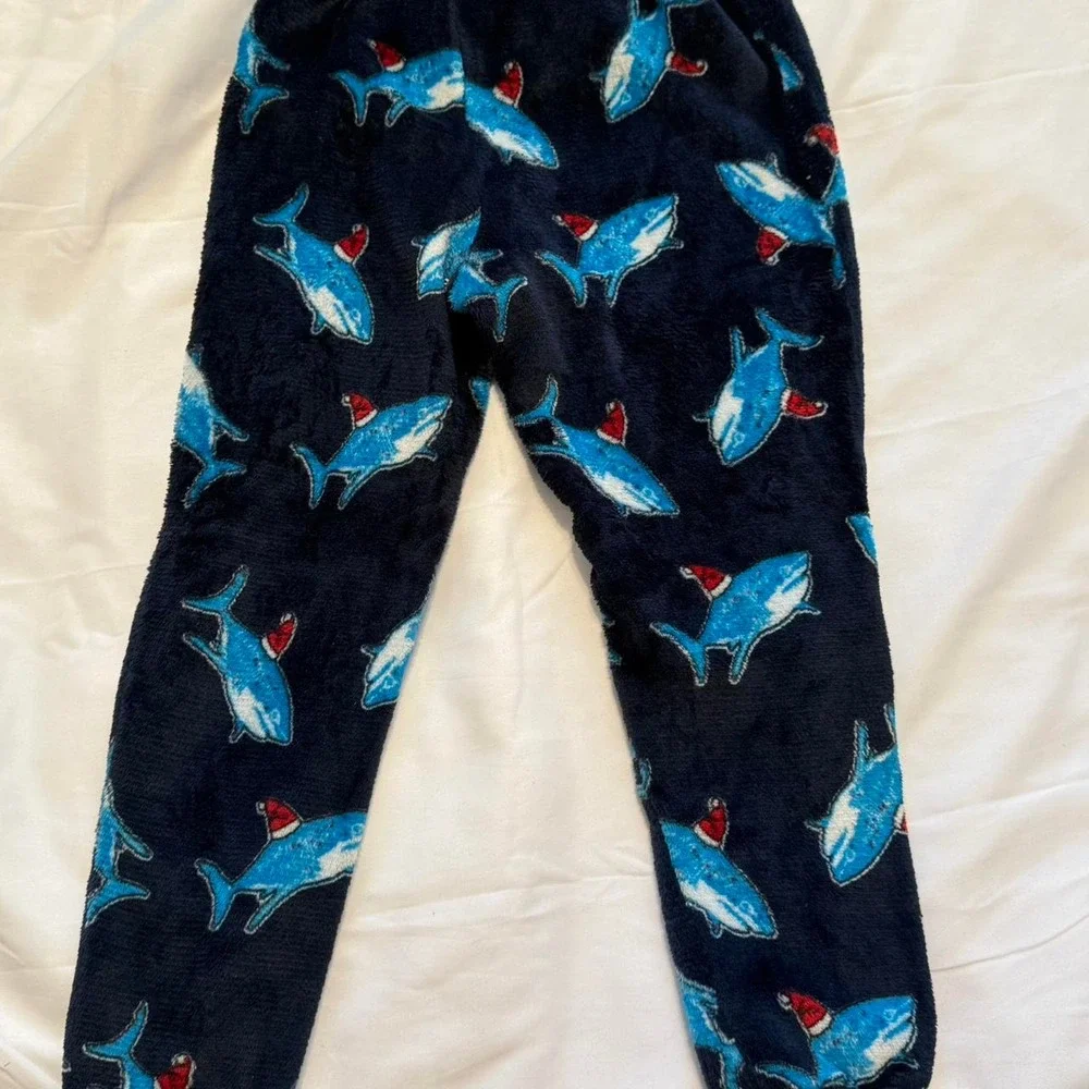 Holiday time boys 6/7 blue shark with Santa hat fuzzy pajama pants